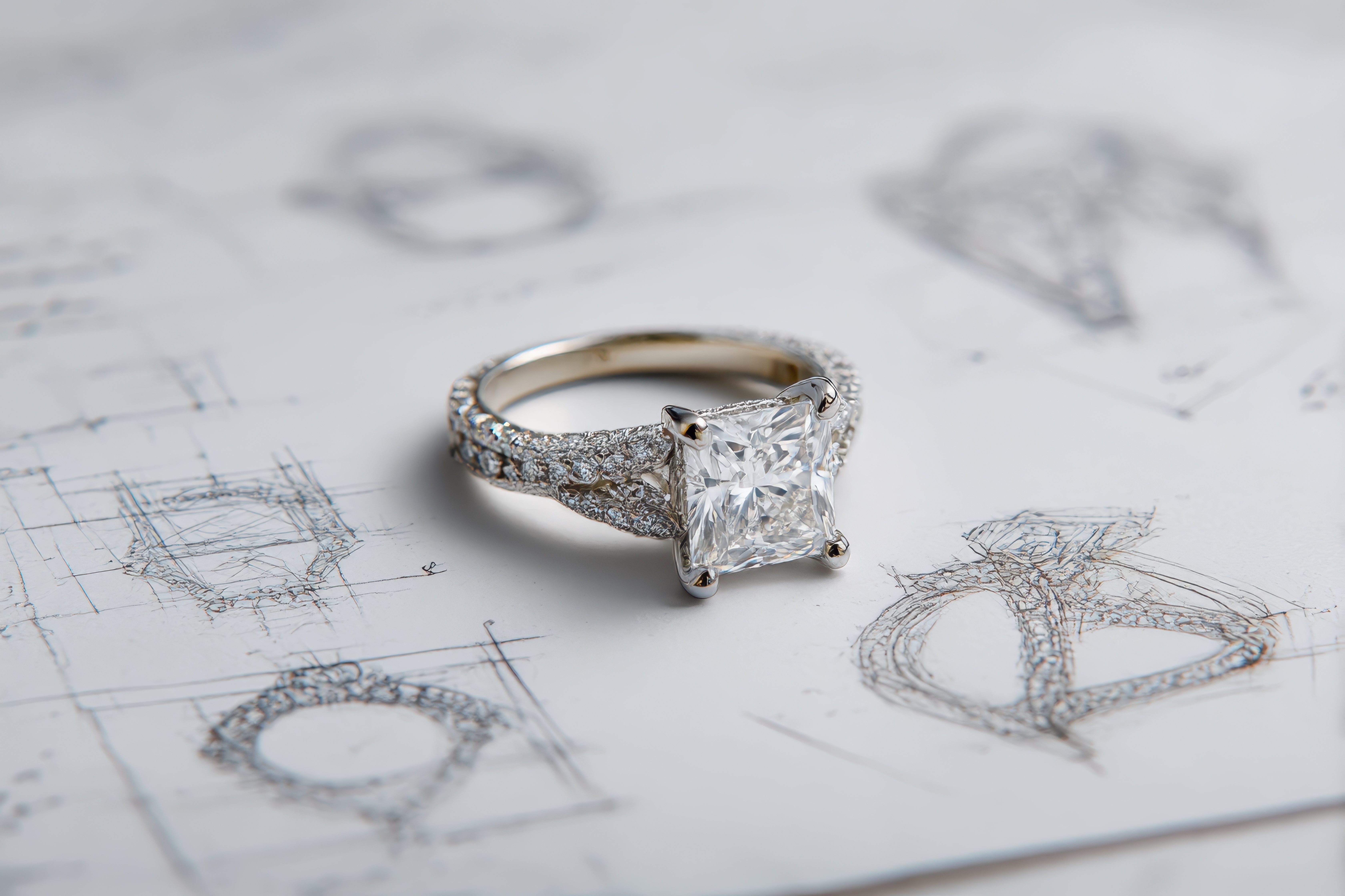 Luxury diamond engagement ring with princess-cut center stone and pavé band on jewelry design sketches